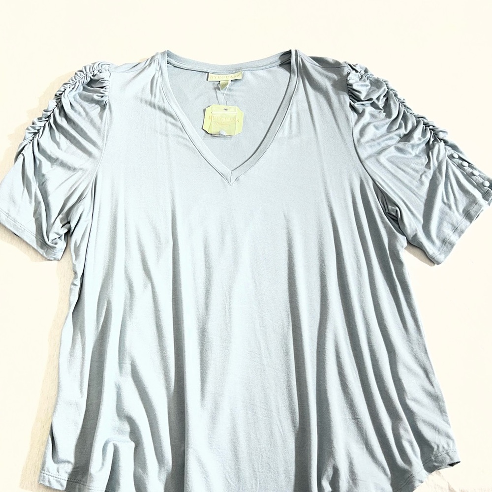 Ryegrass Sky Blue V-Neck Ruched Sleeve Top - Picture 2 of 8